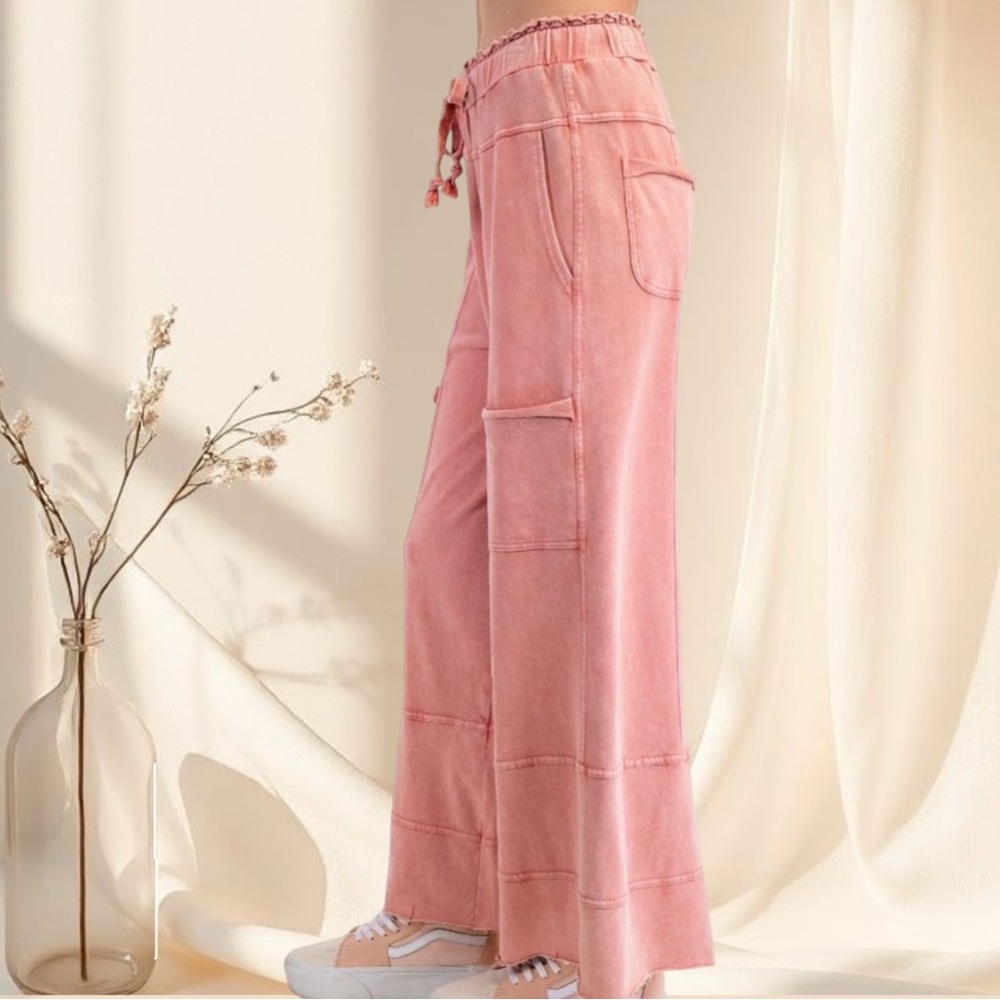Easel Mineral Wash Terry Knit Pants in Mauve - Picture 4 of 7
